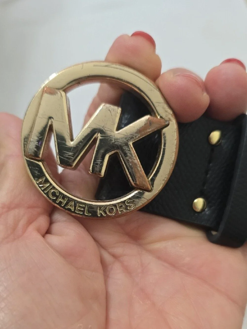 Michael Kors Black Pebbled Leather Women's Belt with Gold MK Round Buckle S